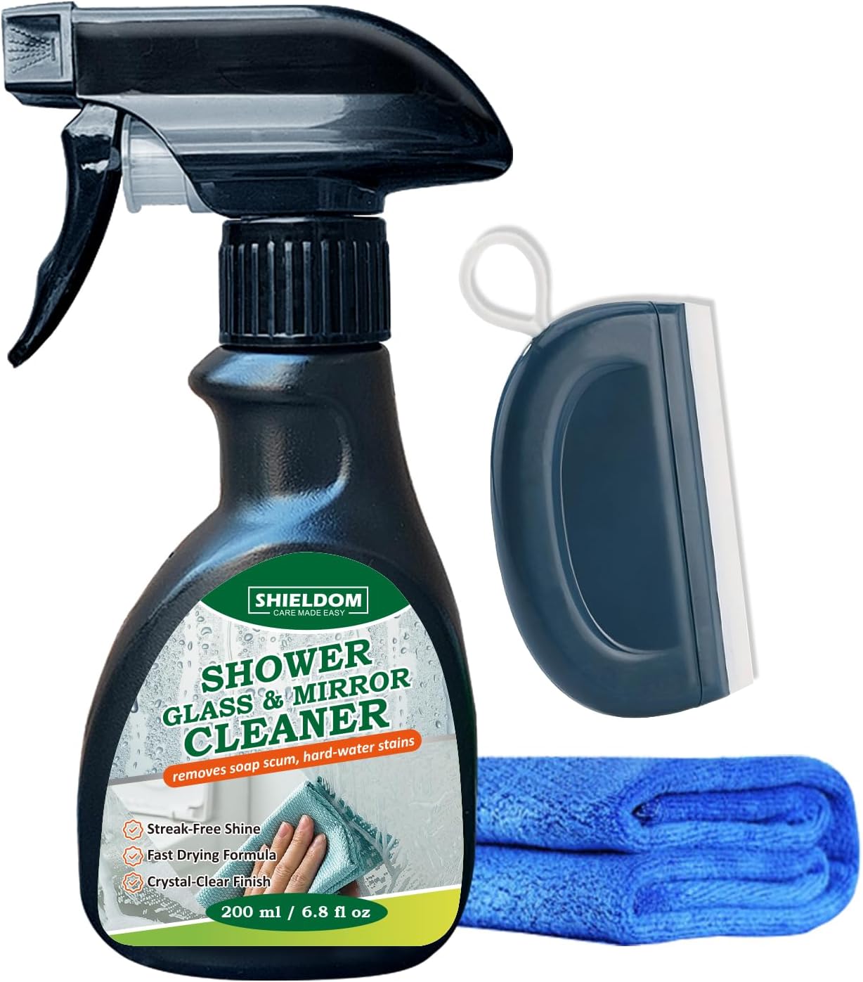 SHIELDOM Shower Glass Cleaner, Glass Window & Mirror Cleaning Hard Water Stains Remover Removes Soap Scum/Water Spot/Fingerprint/Dirt with Squeegee & Towel for a Streak-Free Shine 6.8fl oz/200ml