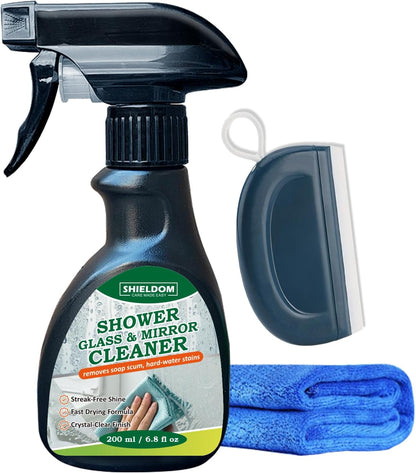 SHIELDOM Shower Glass Cleaner, Glass Window & Mirror Cleaning Hard Water Stains Remover Removes Soap Scum/Water Spot/Fingerprint/Dirt with Squeegee & Towel for a Streak-Free Shine 6.8fl oz/200ml