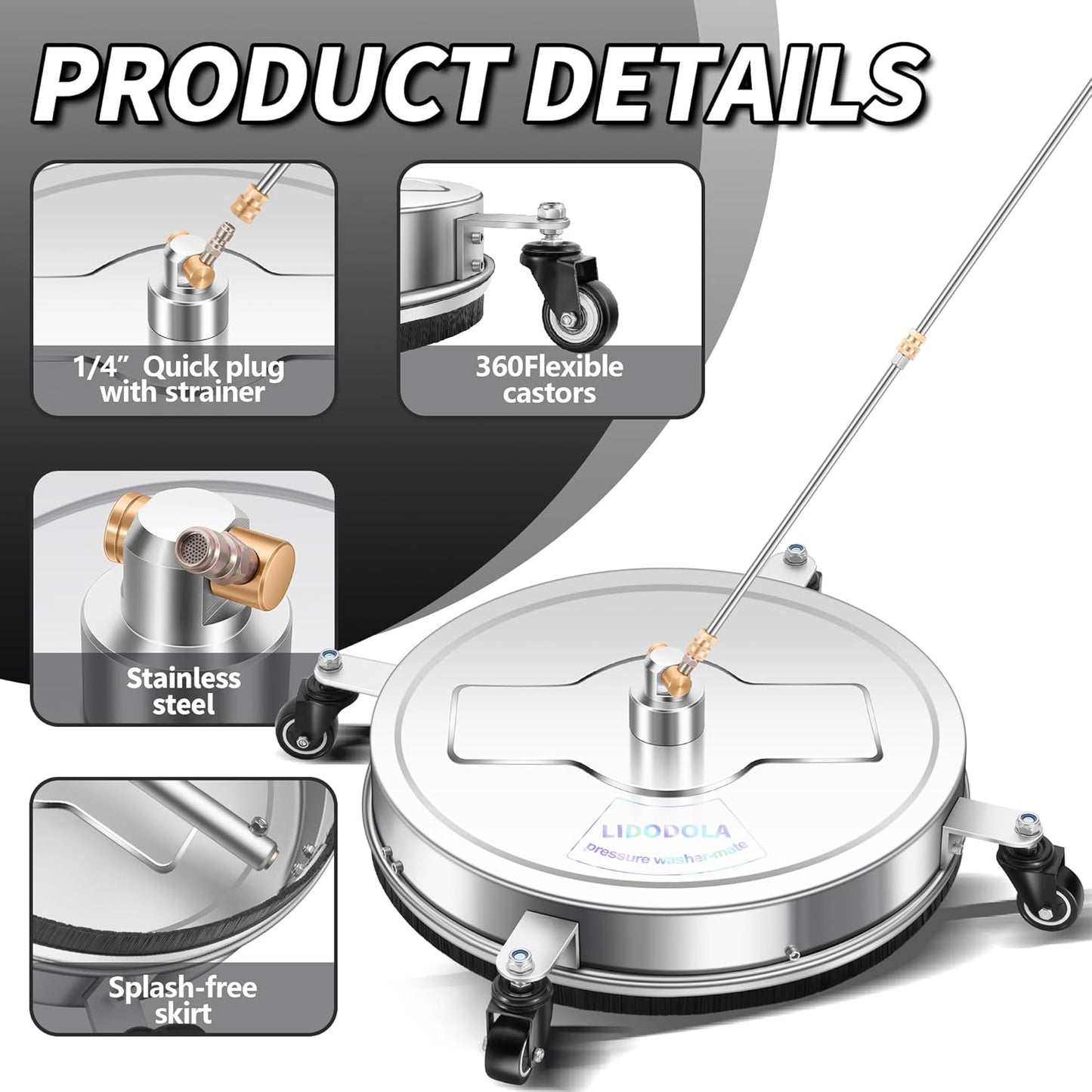 14" Pressure Washer Surface Cleaner with 4 Wheels - Stainless Steel Surface Cleaner for Pressure Washer Attachment for Concrete, Patio, Sidewalk, Deck and Driveways - PWS14