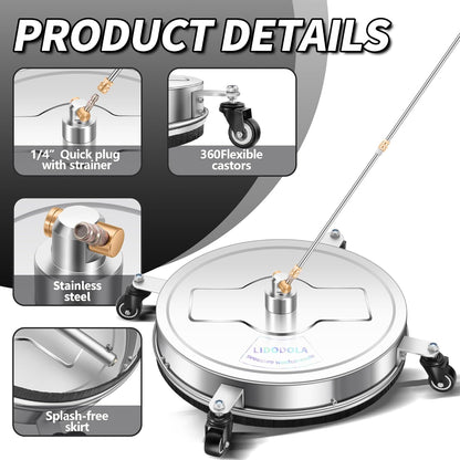 14" Pressure Washer Surface Cleaner with 4 Wheels - Stainless Steel Surface Cleaner for Pressure Washer Attachment for Concrete, Patio, Sidewalk, Deck and Driveways - PWS14