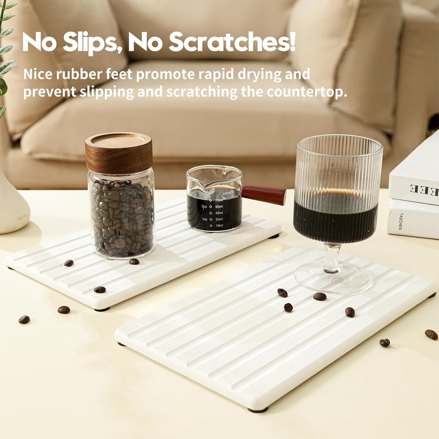 2PCS Water Absorbing Stone Drying Tray Mat for Bathroom Sink & Kitchen Counter Faucet Organizer, Quick Dry Dish Rack Soap Dispenser Sponge Holder, Vanity Sink Caddy Bar Coaster, Ivory White 8“x 4”