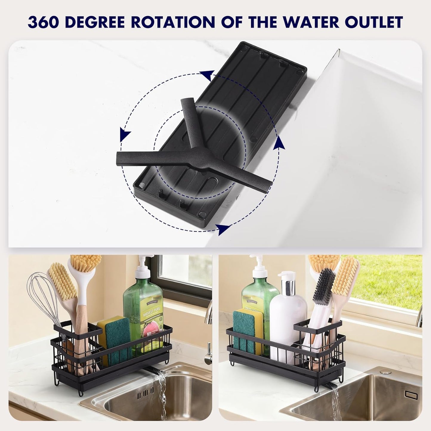 Sponge Holder for Kitchen Sink, Sink Caddy Organizer with High Brush Holder, Kitchen Countertop Organizers and Storage Essentials, Kitchen Decor, Rustproof 304 Stainless Steel