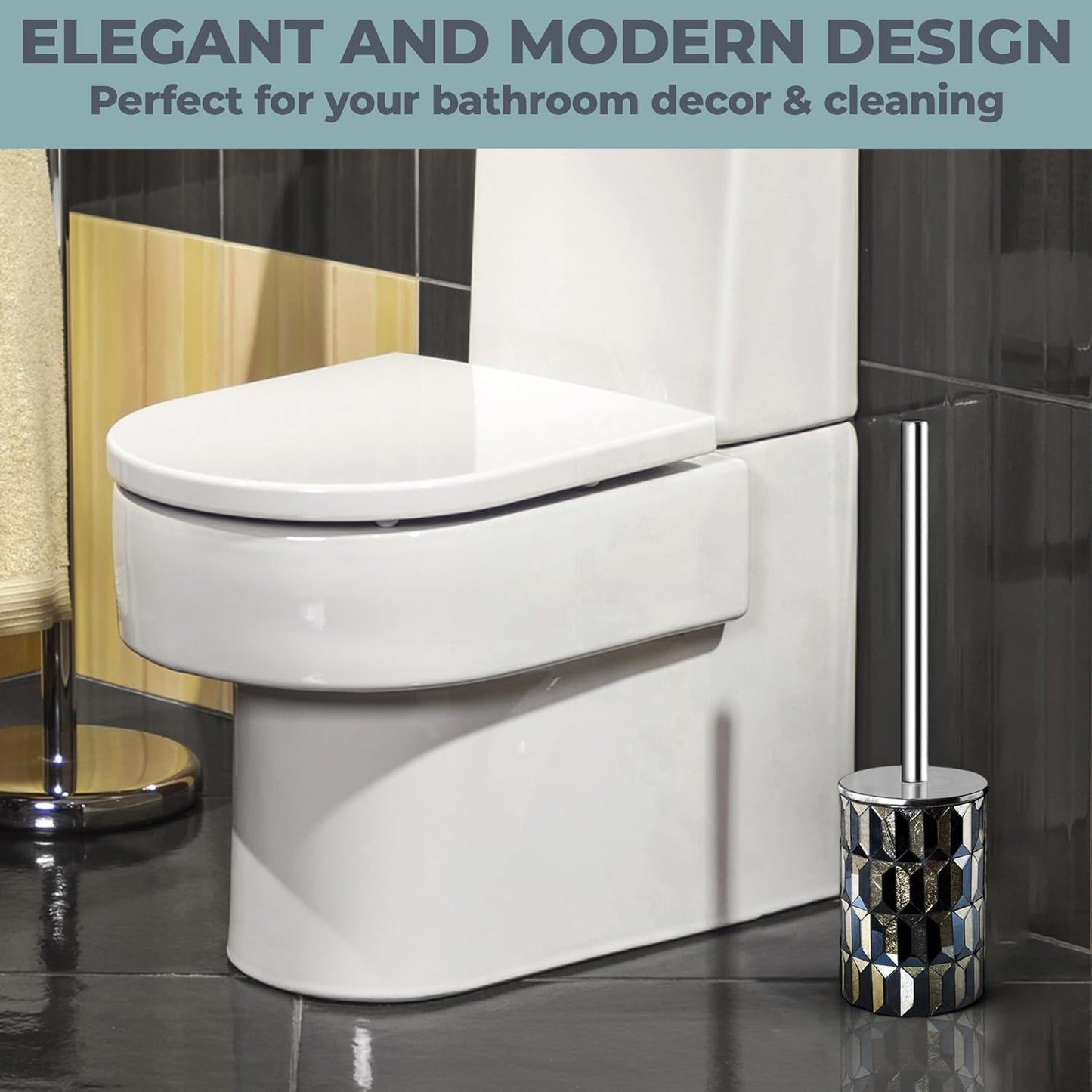 Escenzy Turquoise Green Toilet Brush and Holder Set Mosaic Glass | Non-Rustic Stainless Steel | Practical & Decorative Toilet Bowl Brush and Holder | Luxury Green Bathroom Accessories
