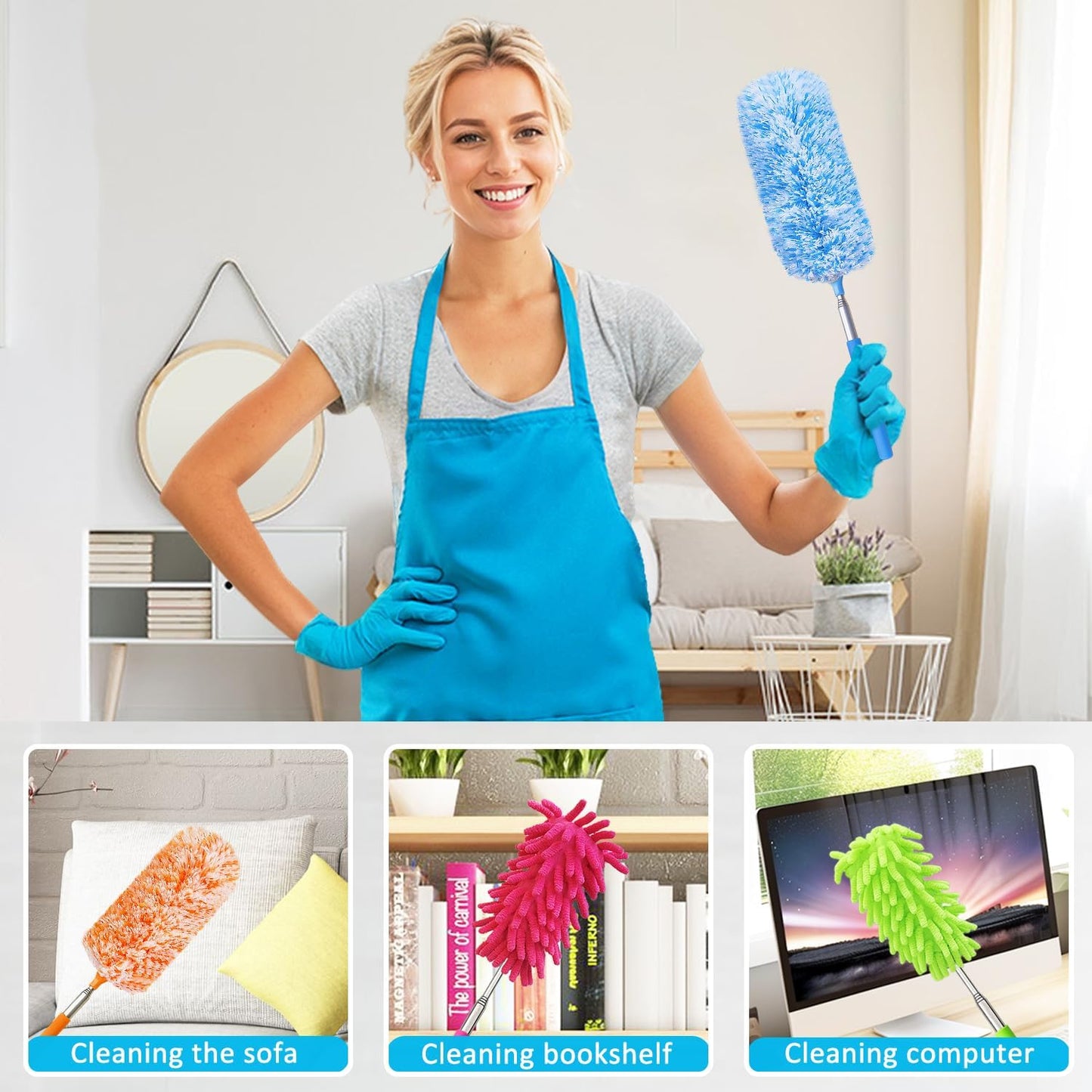 4 Pack 13" to 30" Extendable Feather Duster Kit, Washable Duster Head, Microfiber Duster for Office, Car, Window, Furniture
