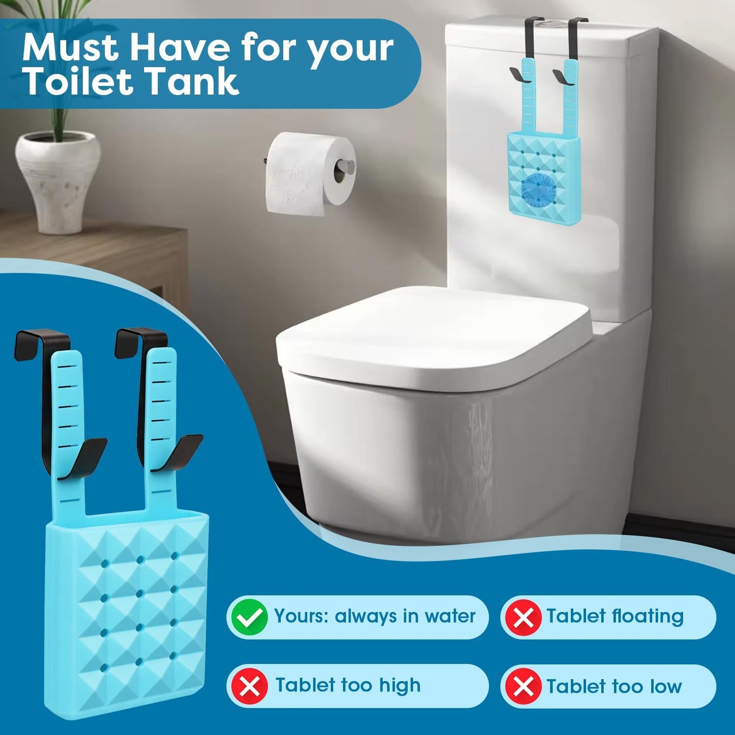 Adjustable Toilet Tank Cleaning Tablet Holder-Hanging Silicone Basket Carrier with Rustproof Hooks for Bowl Cleaner & Bleach Tablet Organizer, Accessory Fit Up to 7" Water Level