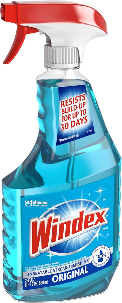 Windex Glass and Window Cleaner Spray Bottle, Bottle Made from 100% Recovered Coastal Plastic, Original Blue, 23 fl oz