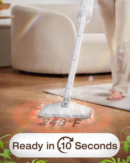 10-in-1 Steam Mop with Detachable Handheld Steamer, 350ml Tank, 10s Heat-Up, 248°F Steam Cleaner, 3-Level Control and Swivel Head for Floors, Carpets, Tiles, BBQ grill Multi-Surface Clean White