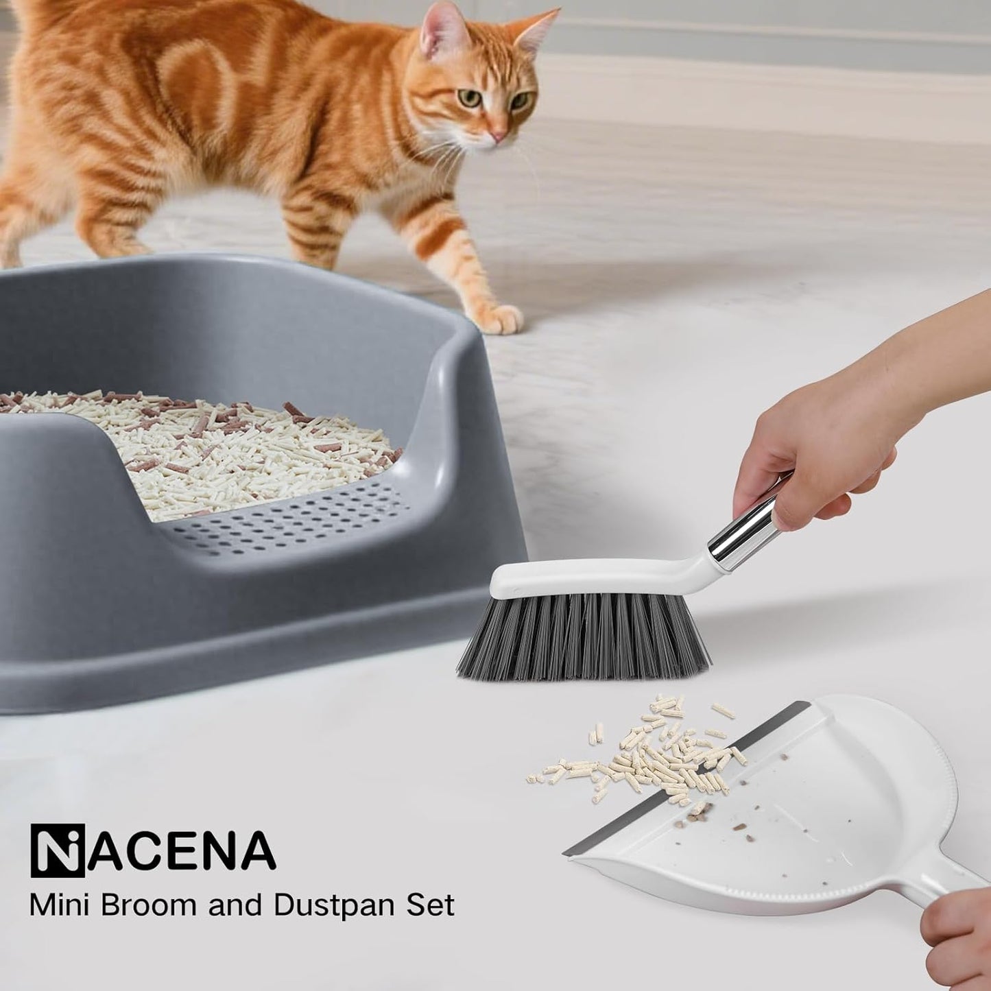 NACENA Mini Broom and Dustpan Set, Small Dust Pan and Brush Set with Handle Dustpan Teeth for Cleaning Hair Suitable for Office Desks Drawers Sofas Outdoor Camping, Light & Purple