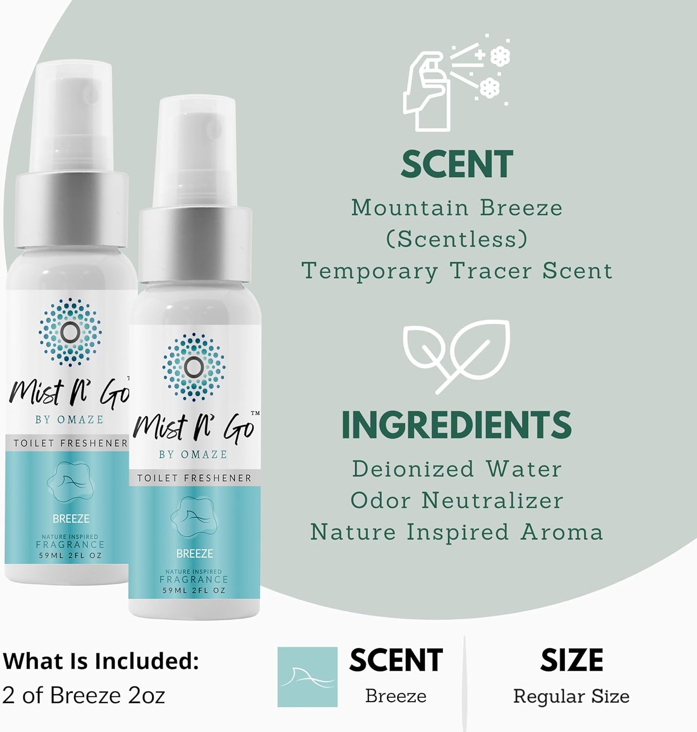 Mist N’ Go by Omaze Travel Bathroom Spray for Toilet Spray Odor Eliminator - Travel Toilet Spray for Bathroom Air Freshener Spray for Bathroom Deodorizer - Clean Mix, Travel Size (1oz x2)