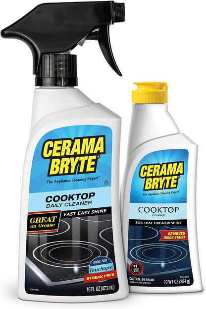 Cerama Bryte Daily Spray Cooktop and Stove Top Cleaner for Glass & Pads Combo Kit - Ceramic Surfaces, 16 Fluid Ounces, 4 Piece Set