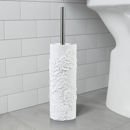 White Floral Branches Design Resin Toilet Bowl Brush and Holder Set, Elegant Bathroom Cleaning Tool with Durable Bristles, Compact and Functional