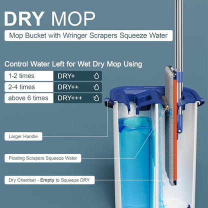 Large Mop and Bucket with Wringer Set for Home, Hands Free Flat Floor Mop and Bucket System with 4 Washable Microfiber Pads, Wet and Dry Use, Mops for Floor Cleaning, Two Bucket Mop System