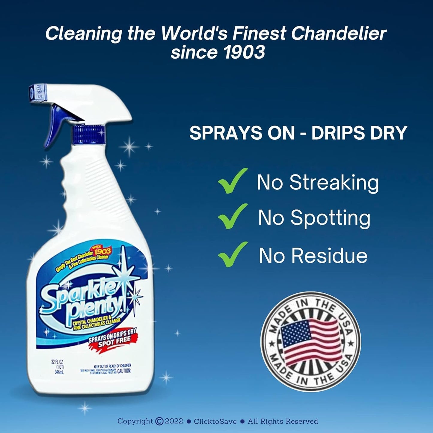 Sparkle Plenty Chandelier Cleaner Drip Dry Spray No Wipe - Dust Remover & Streak Free Glass Cleaner Spray for Chandeliers Crystals & Window Screen Surface - All Purpose Cleaning Supplies (32 oz)