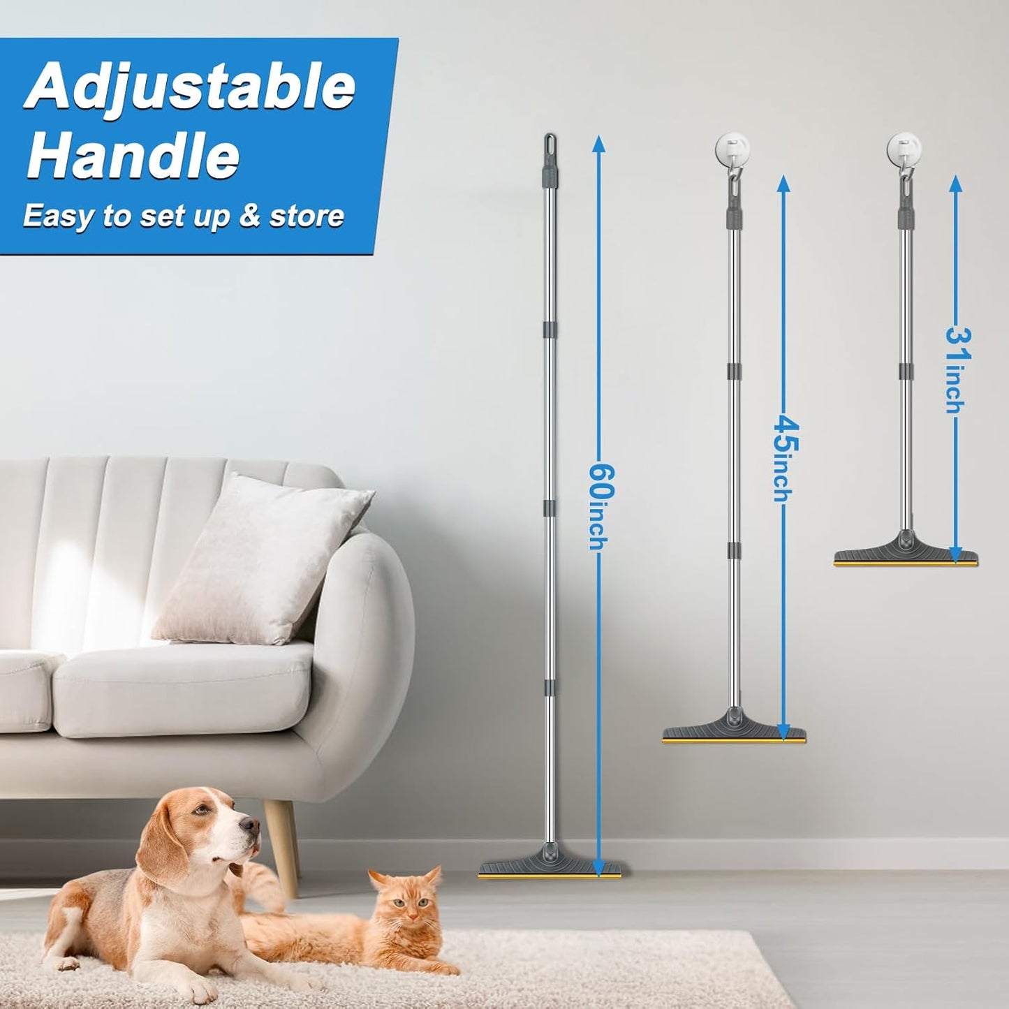 5FT Carpet Rake Pet Hair Remover, Reusable Carpet Rake with Telescopic Handle for Pet Hair Removal Tool Dog Cat Fur Remover Broom for Rugs, Mats, Beds, Stairs (Blue)
