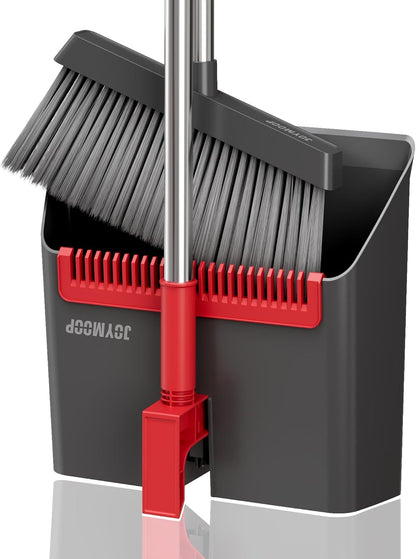 JOYMOOP White Broom and Dustpan Set, Upright Angle Design with Built-in Comb Teeth for Kitchen, Office, Pet Hair, Hard Floors