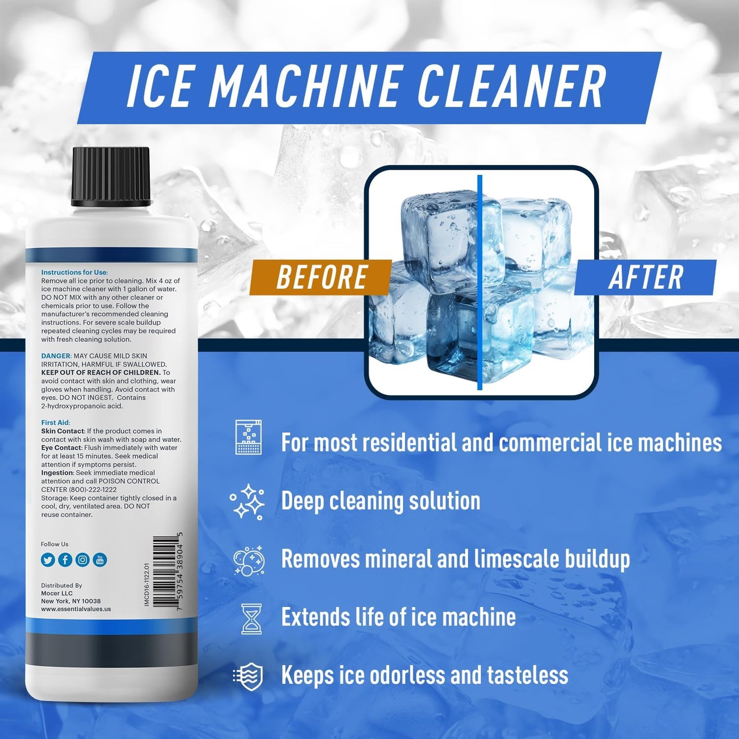 Essential Values 32 uses Ice Machine Cleaner (Gallon / 3.78), Descaler | Ice Maker Cleaner Compatible with: Whirlpool 4396808, Manitowac, Ice-O-Matic, Scotsman, Follett & More!