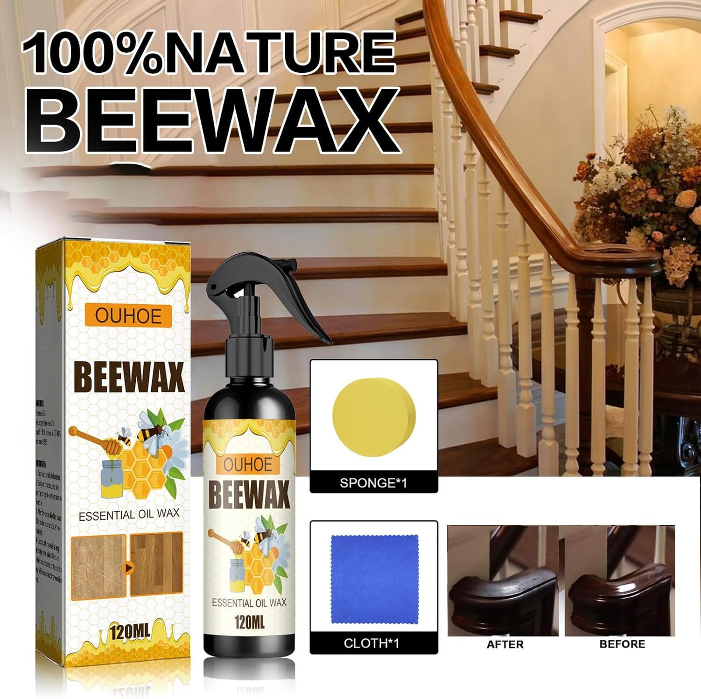 Beeswax Wood Polish, Multifunctional Natural Beeswax Spray for Kitchen Living Room Furniture Polish and Cleaner Care.(1Pcs)