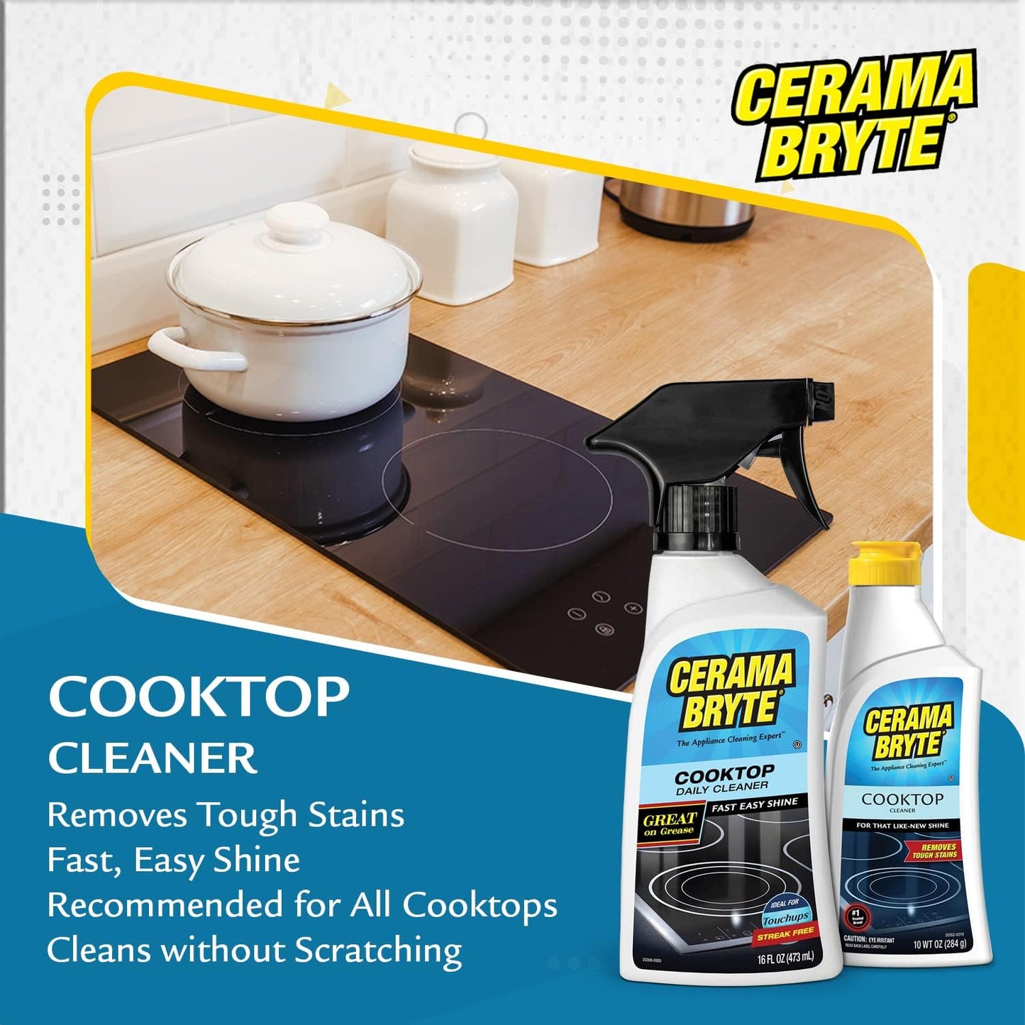 Cerama Bryte Daily Spray Cooktop and Stove Top Cleaner for Glass & Pads Combo Kit - Ceramic Surfaces, 16 Fluid Ounces, 4 Piece Set
