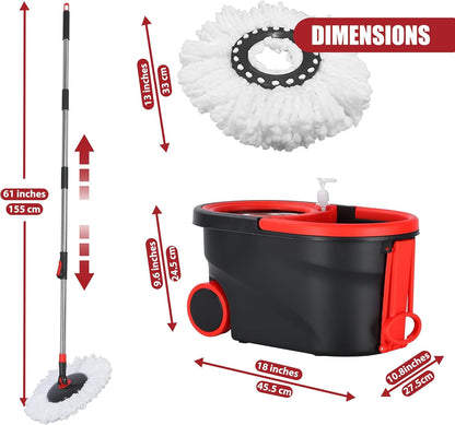 Spin mop and Bucket with Wringer Set，Spin Mop and Bucket with Wringer Set for Home，Stainless Steel 360 Floor Mop Bucket on Wheels，3 Microfiber Mop Replacement Heads and Adjustable Handle (Black)