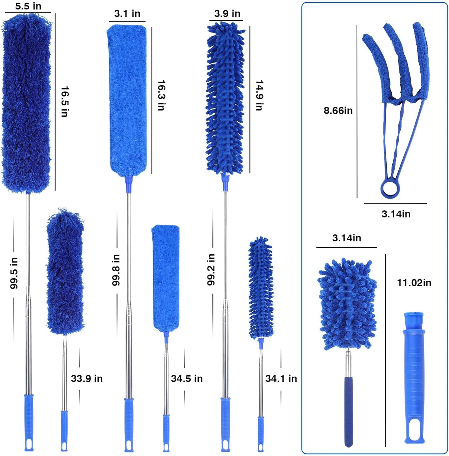 ZZ LAZYCOTTAGE Duster, Microfiber Dusters with 2 Handle Sets, Durable 15-98.1 Inches Long Telescopic Rod, Washable, Feather Dusters for Cleaning Cobweb and Ceilings Fans, 5 Pack (Blue)