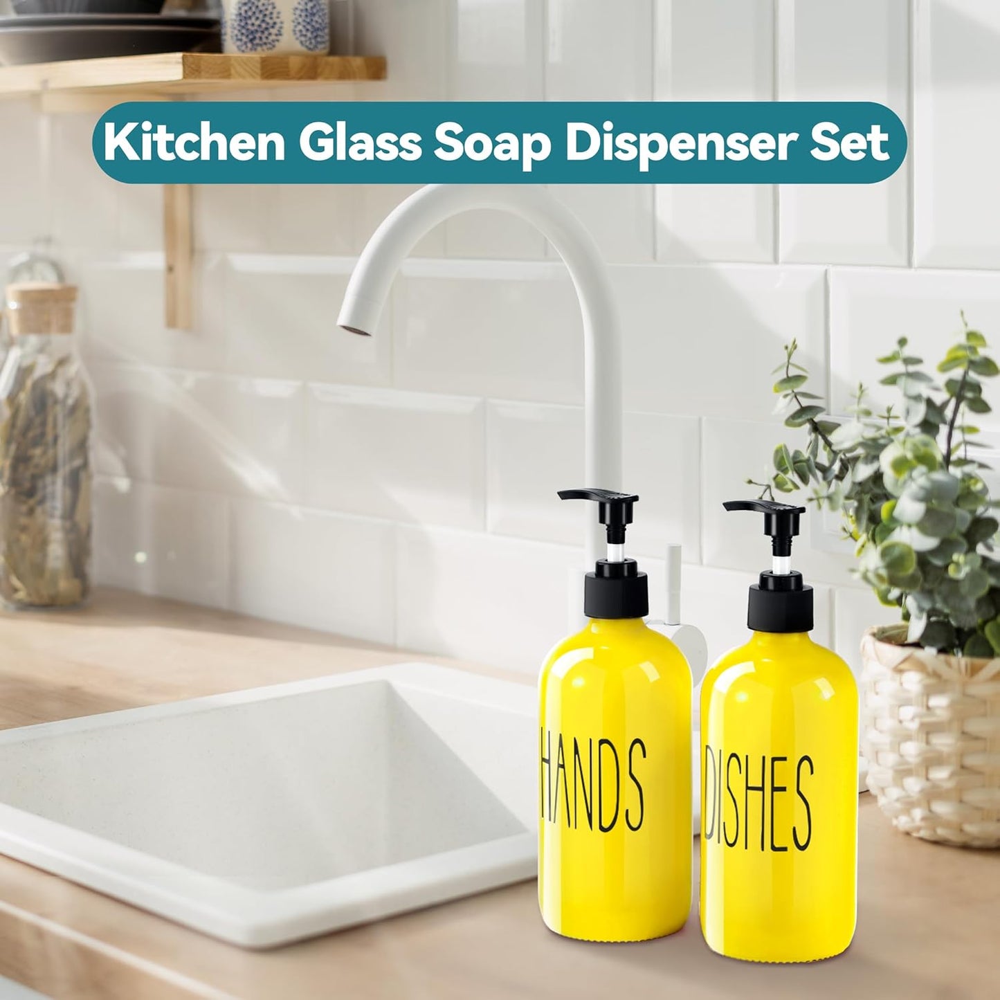 COHOSEGE Glass Soap Dispenser Set 2 Pack,Contains Hand and Dish Soap Dispenser.Premium 16 Oz Black Kitchen Soap Dispenser Set for Kitchen Sink and Farmhouse Decor