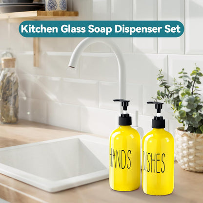 COHOSEGE Glass Soap Dispenser Set 2 Pack,Contains Hand and Dish Soap Dispenser.Premium 16 Oz Black Kitchen Soap Dispenser Set for Kitchen Sink and Farmhouse Decor