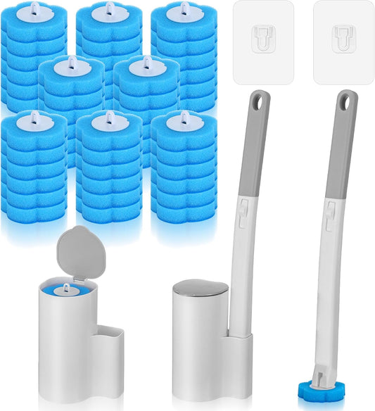 2 Pack Disposable Toilet Brush and Holder Set, Automatic lid-Opening and Closing Toilet Brush with Holder 48 Refills for Bowl Cleaners Bathroom Cleaning Bathtub