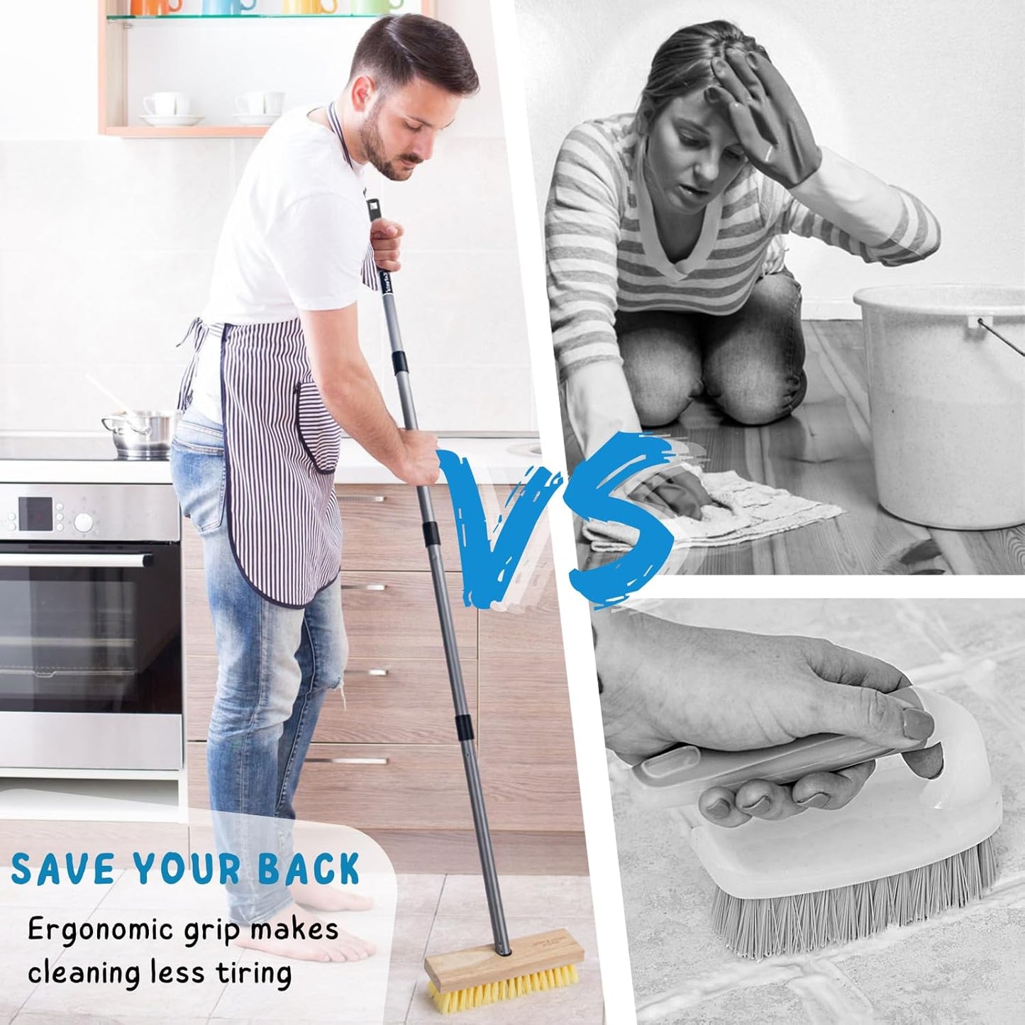 Stainless Steel Wire Scrub Brush with Long Handle for Deck, Concrete, Patio Floor Cleaning, 59'' Heavy Duty Stiff Metal Bristle Scrubber Broom for Outdoor Moss Removal