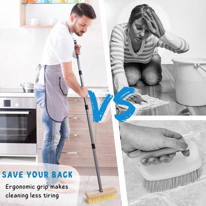 Stainless Steel Wire Scrub Brush with Long Handle for Deck, Concrete, Patio Floor Cleaning, 59'' Heavy Duty Stiff Metal Bristle Scrubber Broom for Outdoor Moss Removal
