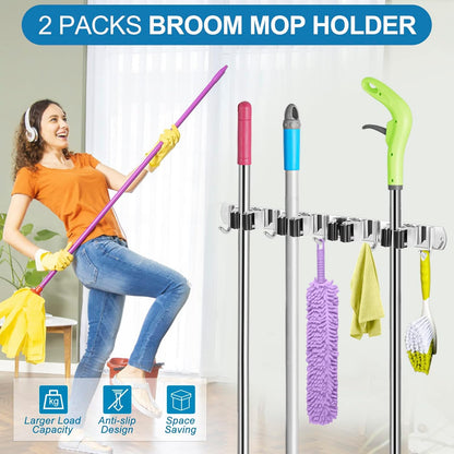 IMILLET 2 Pack Wall Mount Broom Holder Stainless Steel 5 Racks with 4 Hooks Broom Organizer Self Adhesive Heavy Duty Laundry Room, Garage Organization Storage