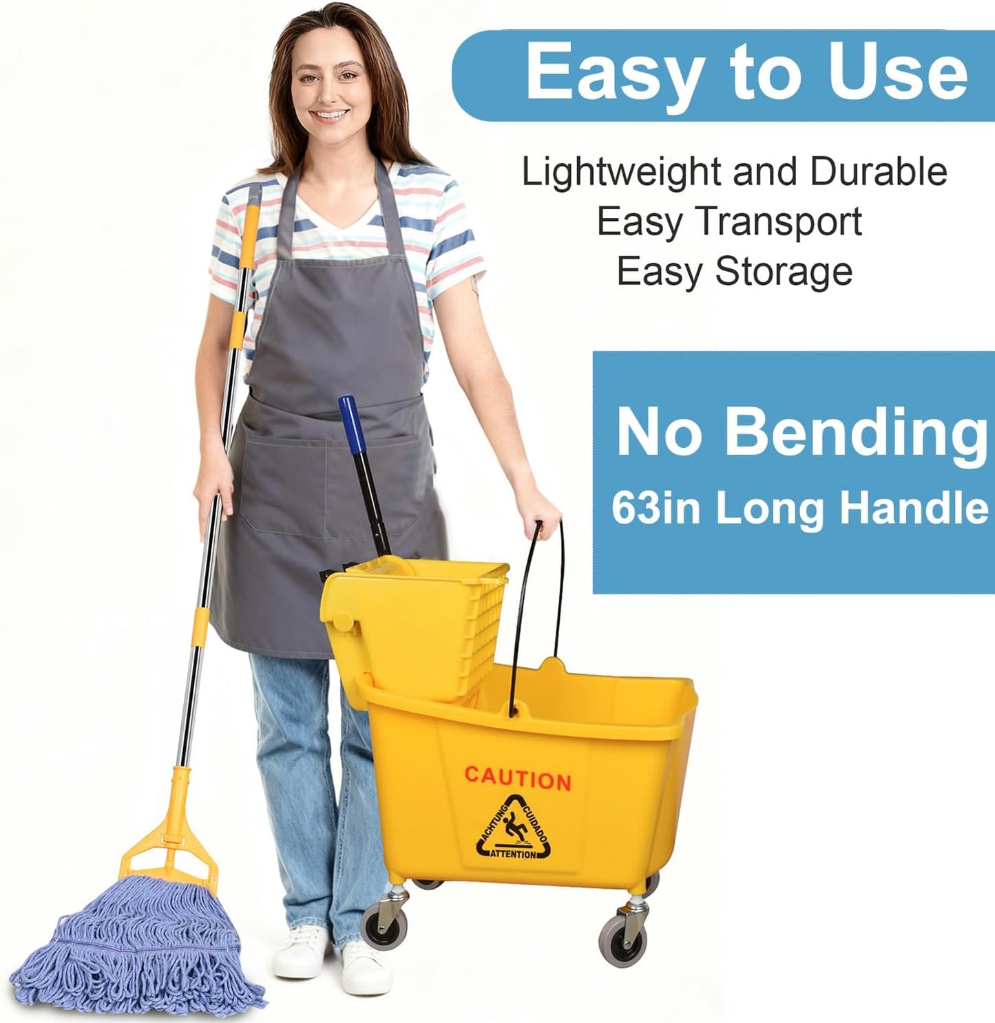 Side Press Wringer Combo Commercial Mop Bucket on Wheels, Including 1 Set Commercial Mop Handle with 1 Pack Blue Mop Heads, 35 Quart, Yellow Bucket