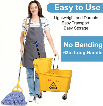 Side Press Wringer Combo Commercial Mop Bucket on Wheels, Including 1 Set Commercial Mop Handle with 1 Pack Blue Mop Heads, 35 Quart, Yellow Bucket