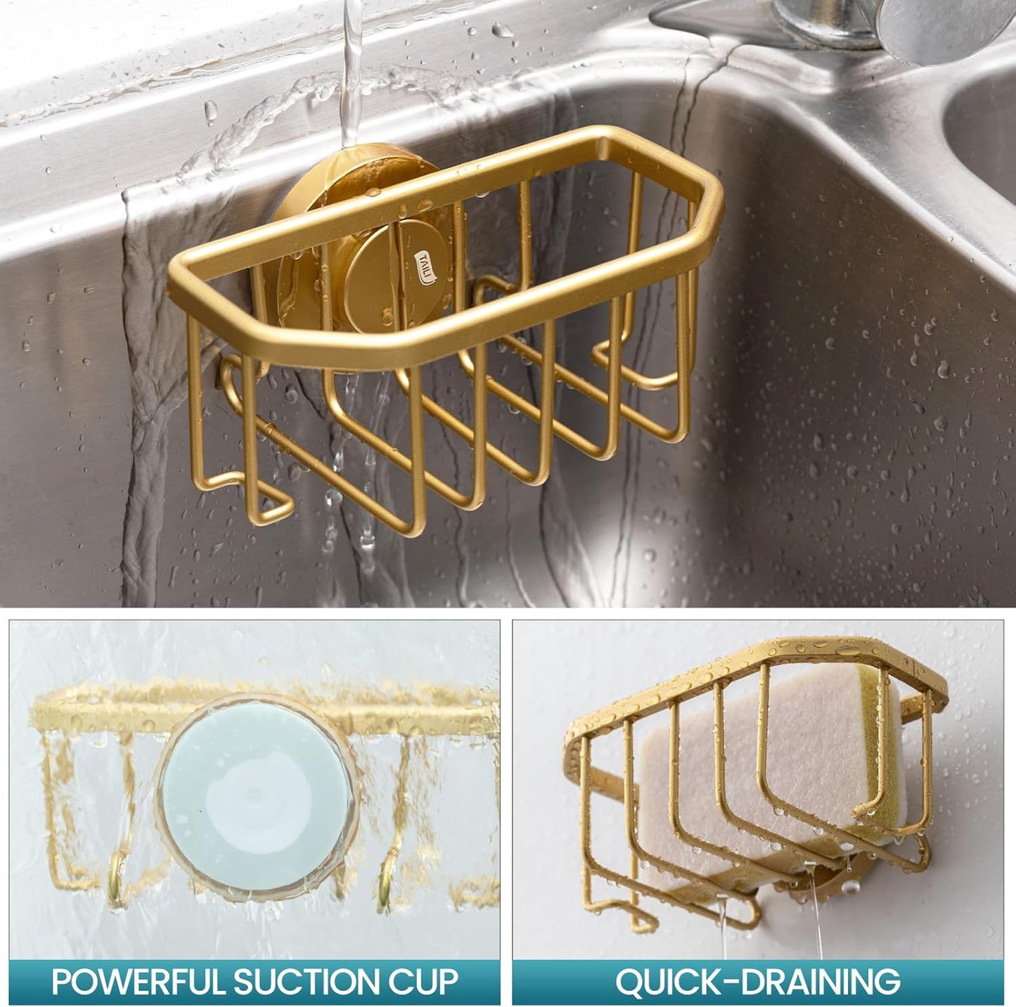 TAILI Sponge Holder for Kitchen Sink with Strong Suction Cup, Rustproof Aluminum Sink Caddy for Sponges, Removable Sponge Holder, Dish Brush for Scraper - Silver