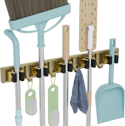 reliahom Adjustable Broom Holder Wall Mount, Mop Storage Tool Racks, Broom Hanger Tool Organizer for Garage, Kitchen, Garden, Laundry Room, 4 Racks 5 Hooks Silver