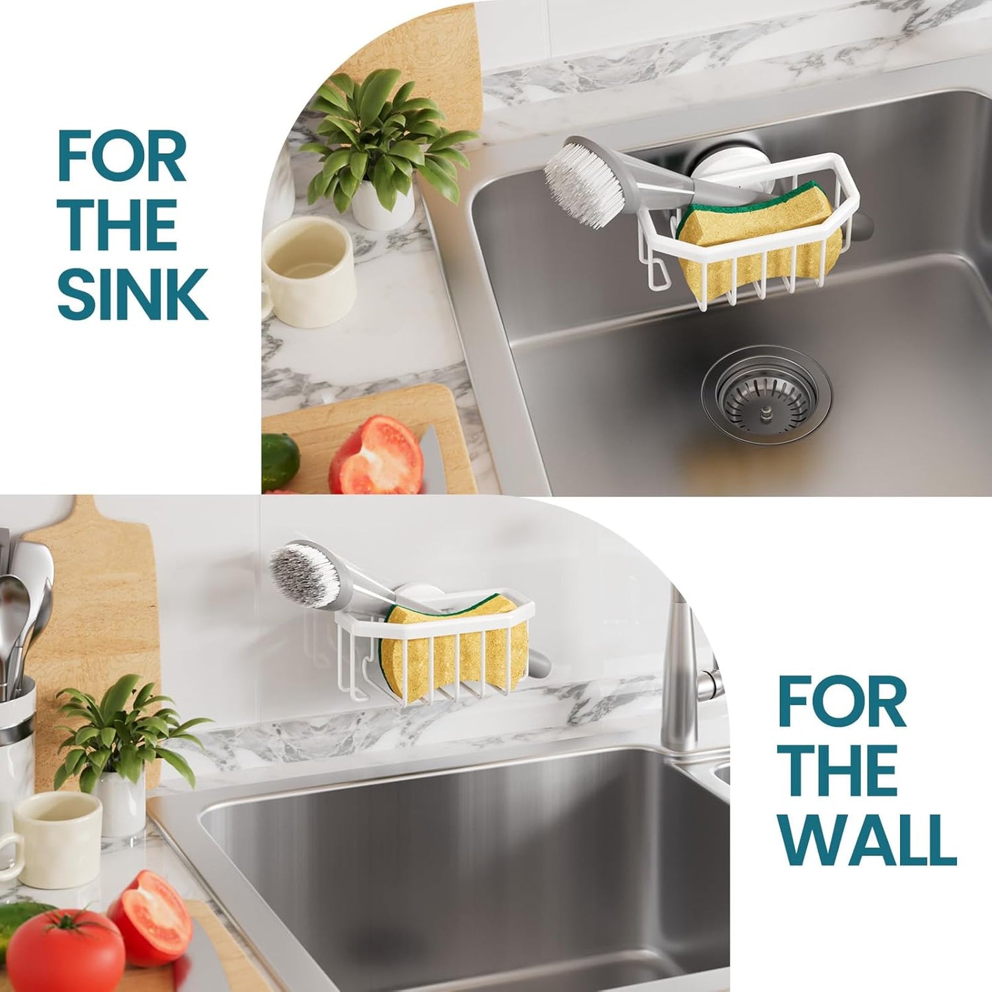 TAILI Sponge Holder for Kitchen Sink with Strong Suction Cup, Rustproof Aluminum Sink Caddy for Sponges, Removable Sponge Holder, Dish Brush for Scraper - Silver