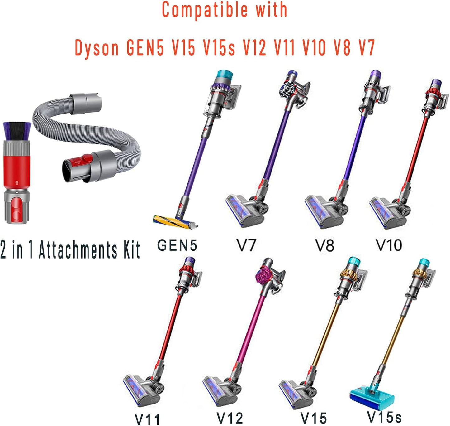 Scratch-free Dusting Brush & 63”Flexible Extension Hose Attachments for Dyson GEN5 V15 V12 V11 V10 V8 V7 Cordless Vacuum Cleaner, Ideal for Car Detailing, Keyboard/Blinds Cleaning,Delicate Surfaces