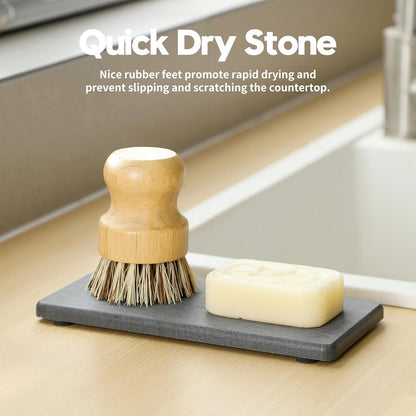 2PCS Water Absorbing Stone Drying Tray for Kitchen Counter & Bathroom Sink, Diatomite Faucet Splash Guard, Soap Dispenser Rack & Sponge Holder Caddy Organizer, Marble White (Printed Pattern), 9"x 3.5"