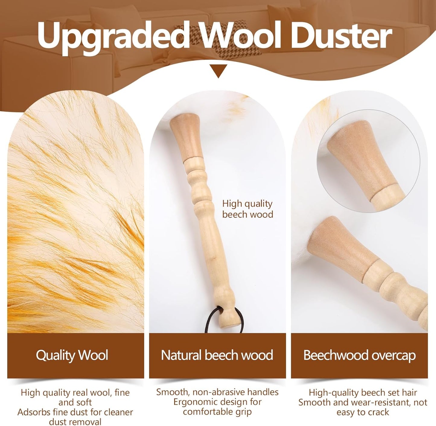 Lambswool Duster for Cleaning with Solid Wooden Handle Leather Hang Strap 87.8" Removable Retractable Feather Duster for Cleaning Ceiling Fans Window Blinds Interior Roof Furniture(2 Pack)