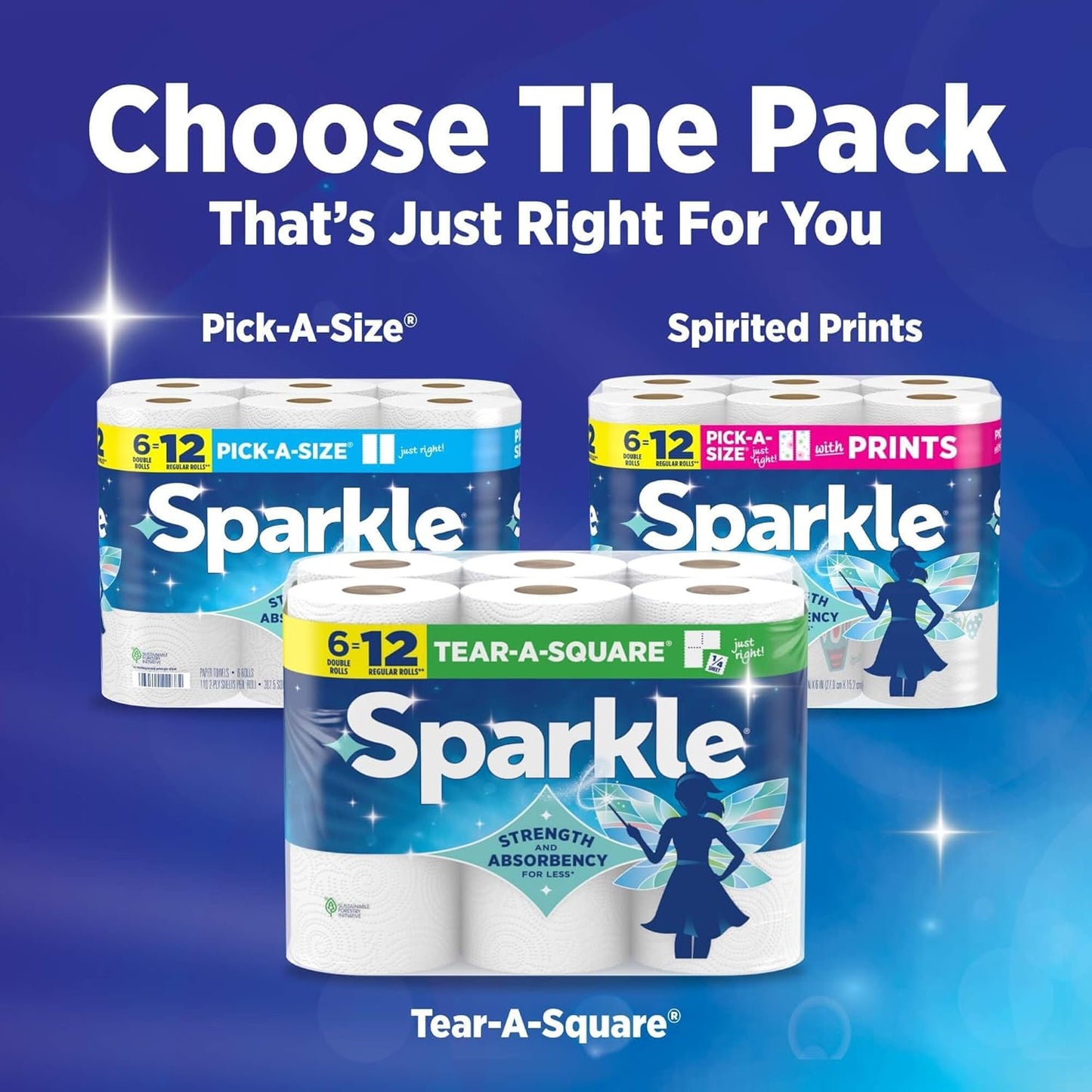 Sparkle Tear-A-Square Paper Towels, 2 Double Rolls (220 Sheets Total) - Strong 2-Ply Towels for Kitchen Cleanup and Everyday Messes