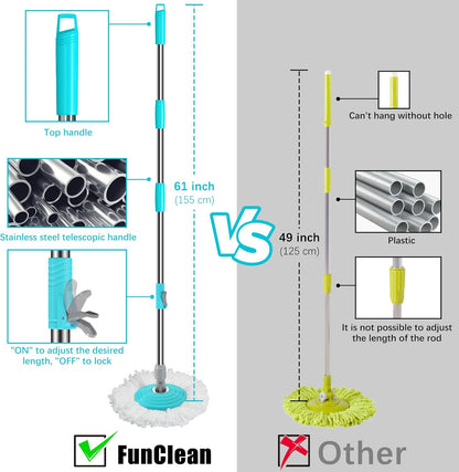 Stainless Steel Extendable Mop Handle with 2 Microfiber Replacement Heads & 360° Rotating Base Plate — Fits Standard Mop Buckets -White