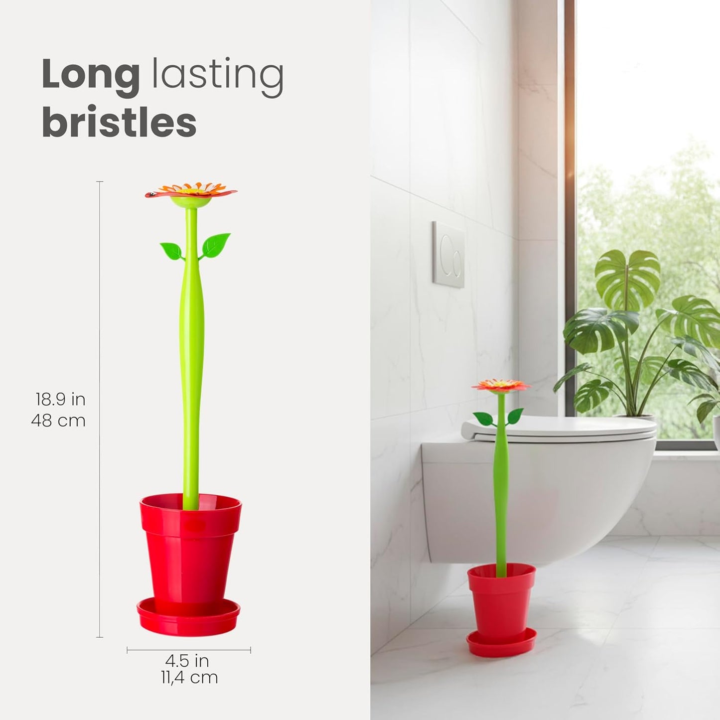 Vigar Flower Power Toilet Brush with Holder Set Toilet Brush with Daisy-shaped Handle, Flowerpot Base with Saucer Durable Bristles for Bathroom, White