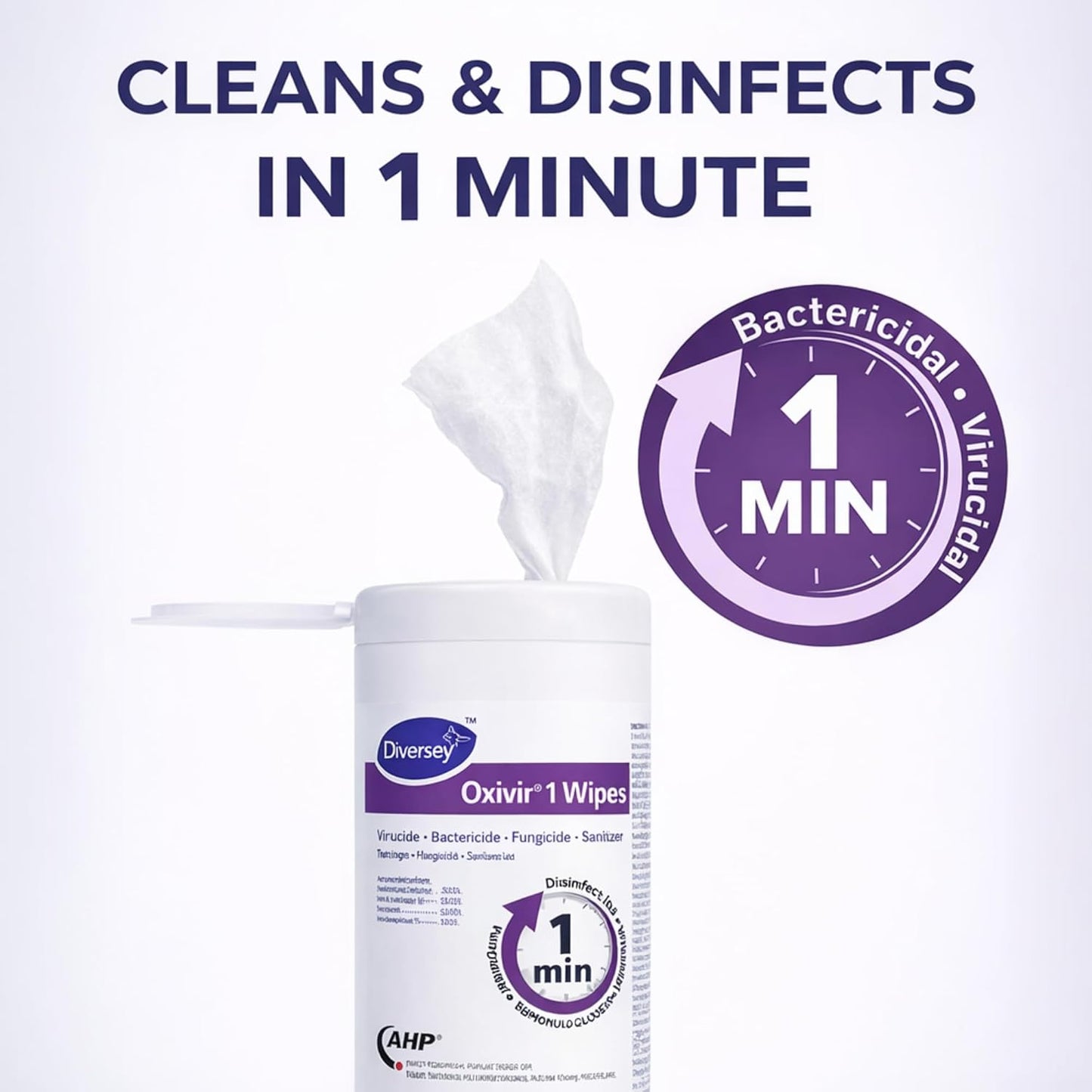 Oxivir Diversey 1 Disinfectant Wipes, AHP Hydrogen Peroxide Cleaner, Multi-Surface Cleaner for Home & Commercial Use, Medium Wipes, 60 Count Slim Canister
