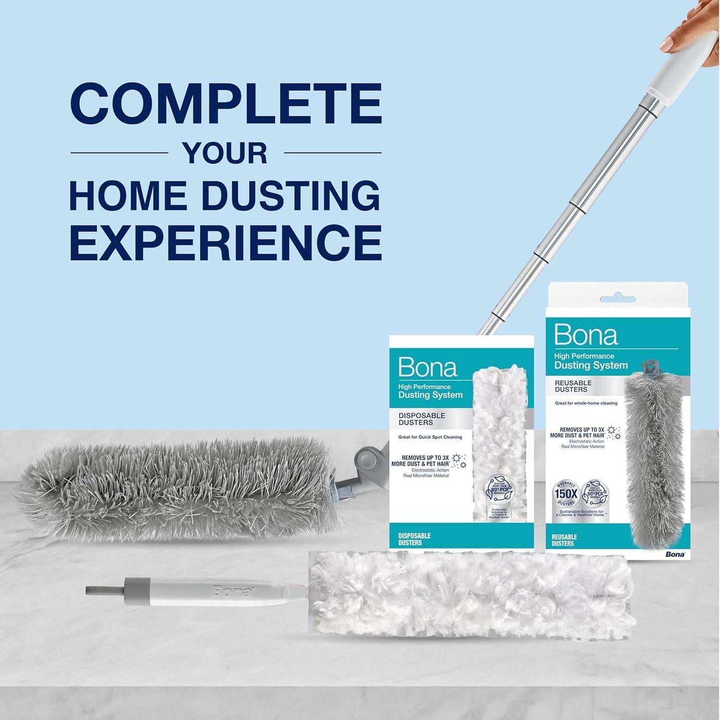 Bona High Performance Dusting System - 1 Extendable Handle, 3 Disposable Dusters, 1 Reusable Duster, & 1 Storage Bag - Extendable Dusting Kit