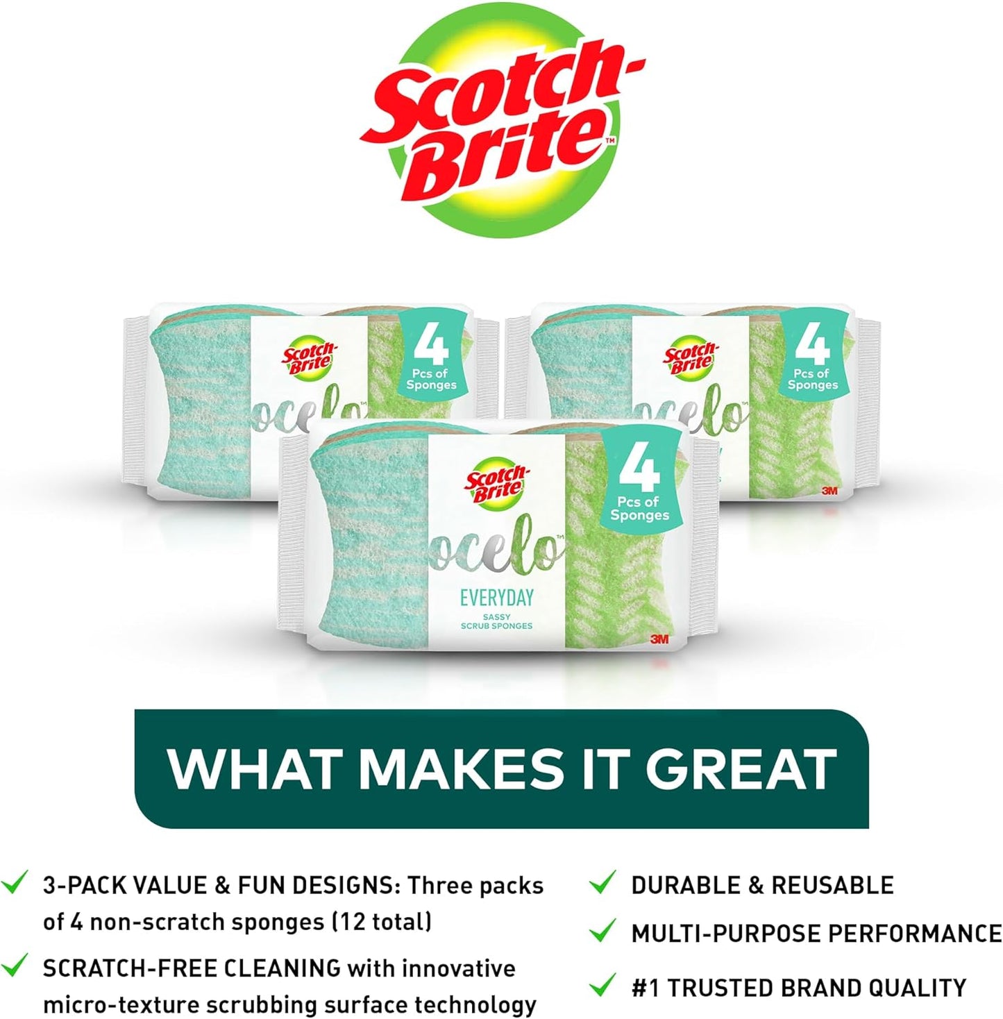 Scotch-Brite ocelo Non-Scratch Scrub Sponges, Assorted Designs, Scratch-Free for Nonstick Cookware & Dishes, Kitchen & Bathroom Use, Reusable Multi-Surface Cleaning Sponges (12 Count (Pack of 3))
