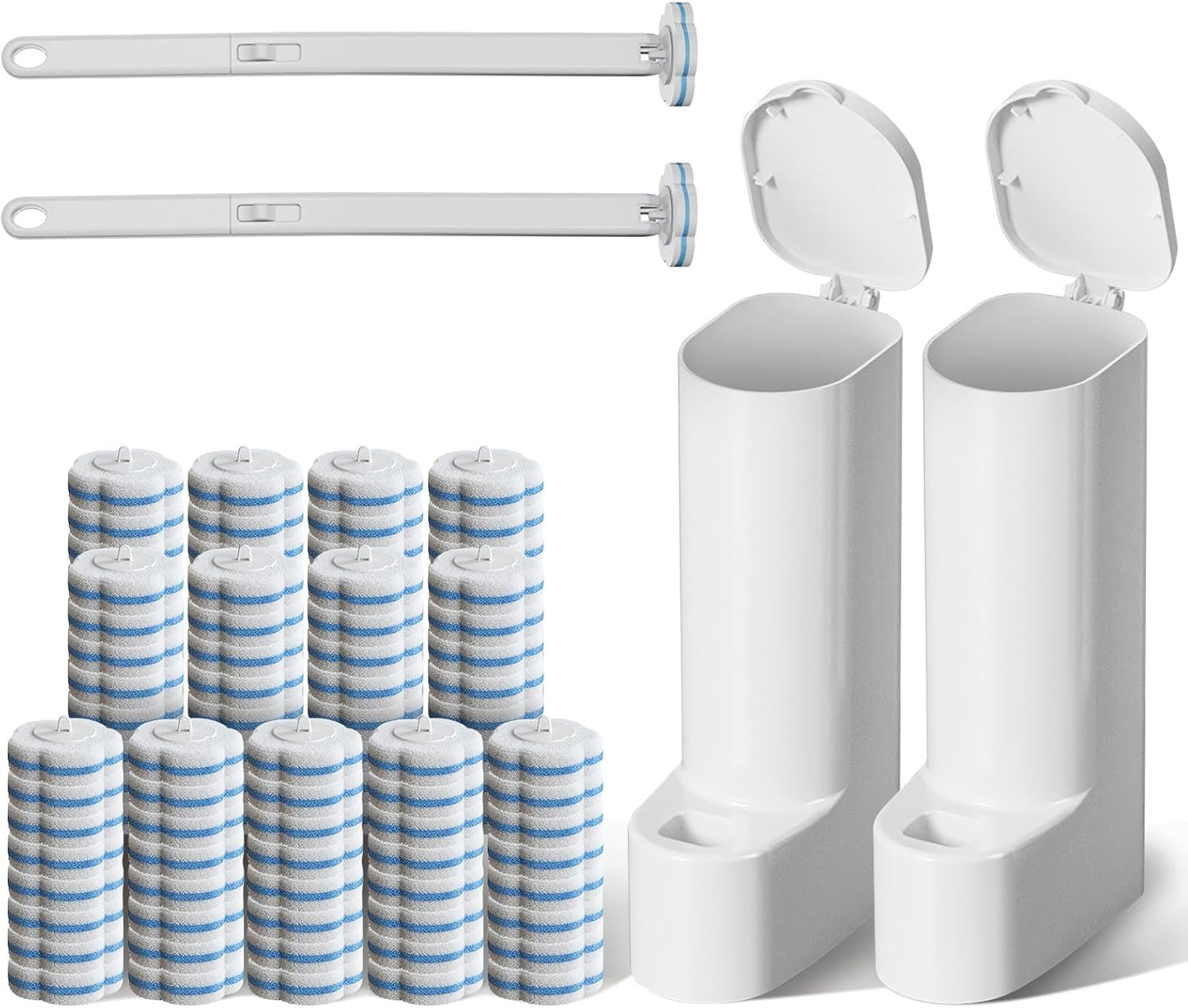 Disposable Toilet Brush Cleaning System, 2pcs Wands with 104pcs Replacement Heads,Stick for Toilet Cleaning,Wands with Refills Pads,Wall Mounted Toliet Wand for Bathroom,Toilet Brush and Holder