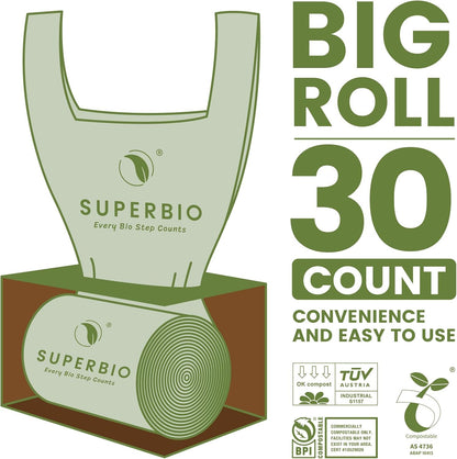 SUPERBIO 1.6 Gallon Handle Tie Compostable Food Scrap Bags For Counter Top Compost Bin, Small Compost Bags, 50 Count, 6 Liter, BPI & OK compost INDUSTRIAL Certified