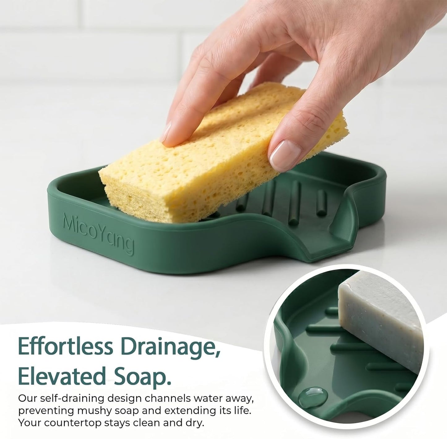 MicoYang Silicone Bathroom Soap Dishes with Drain Spout-Bathroom and Kitchen Sink Organizer,Sponge Holder,Dish Soap Tray,Perfect for Dispenser,Scrubber,Bottle,Cup on Sink or Counter-Black 4.9"×3.2"