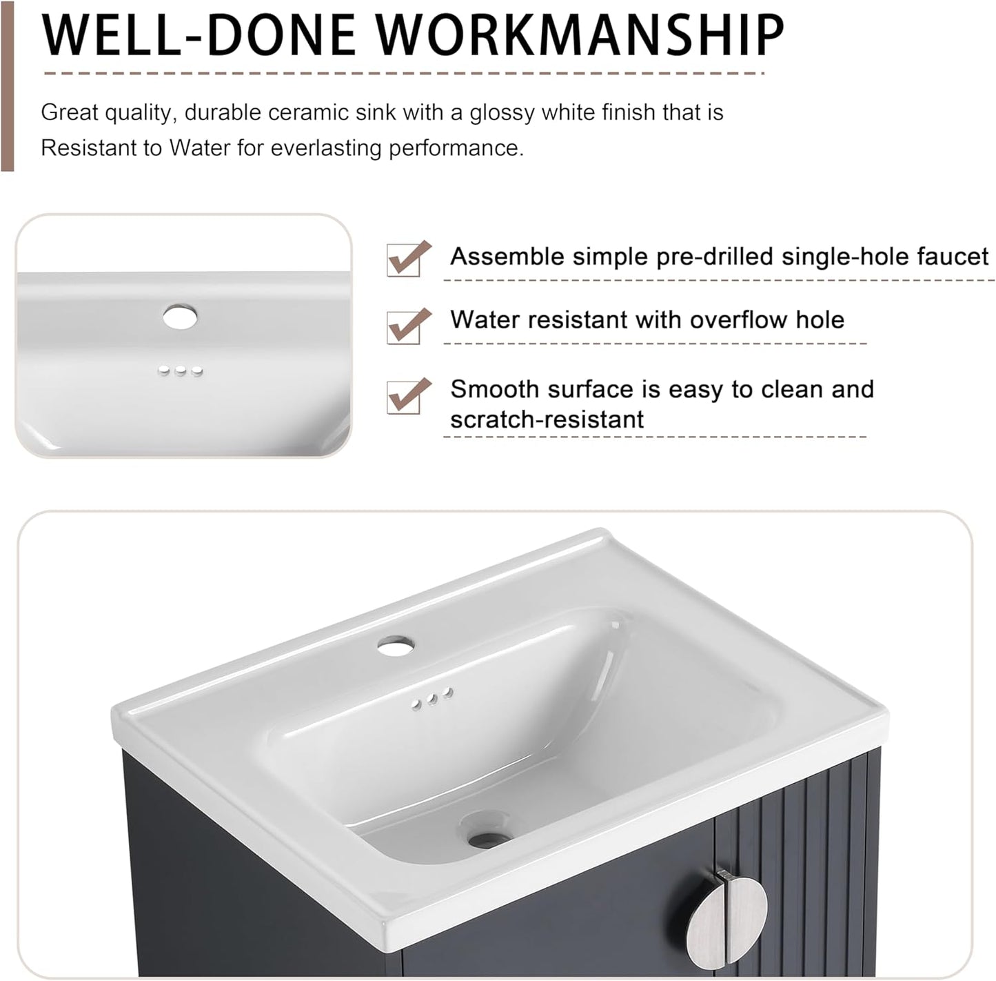 SSLine Modern 24-Inch Bathroom Vanity with Sink Wall Mounted Bathroom Vanity with Top Basin & Storage Cabinet White Wood Floating Vanity w/Ceramic Sink & Gold/Black Handles for Small Space