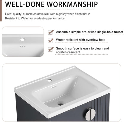 SSLine Modern 24-Inch Bathroom Vanity with Sink Wall Mounted Bathroom Vanity with Top Basin & Storage Cabinet White Wood Floating Vanity w/Ceramic Sink & Gold/Black Handles for Small Space