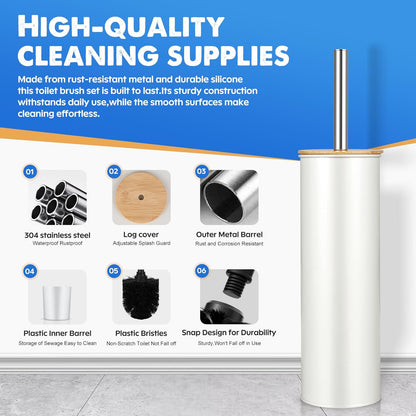 Compact Toilet Brush and Holder 2 Pack,SetStainless Steel Handle Toilet Brush,Deep Cleaning,Durable Nylon bristles,Splash-Proof Design(White&Black)